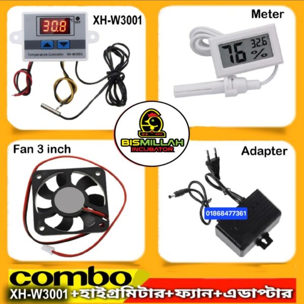 XH-W3001 Temperature Controller Combo Pack with Thermometer Hygrometer, DC 12V 3" Cooling Ventilator Fan & 12v 2A Adapter Combo Package for Egg Incubator